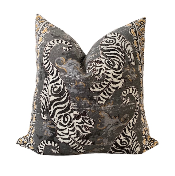 Charcoal Bengal Tiger Pillow Cover, Brown Tiger Pillow, Dark Grey Cushion