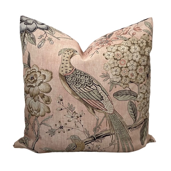 Villeneuve Blush Pillow Cover, Bird Pillow Cover, Floral Lumbar Pillow Cover, Anna French Pillow Cover