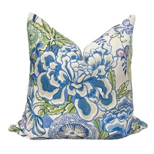 Peony Garden Blue & Green Pillow Cover, Thibaut Floral Pillow Cover, Linen Floral Pillow Cover
