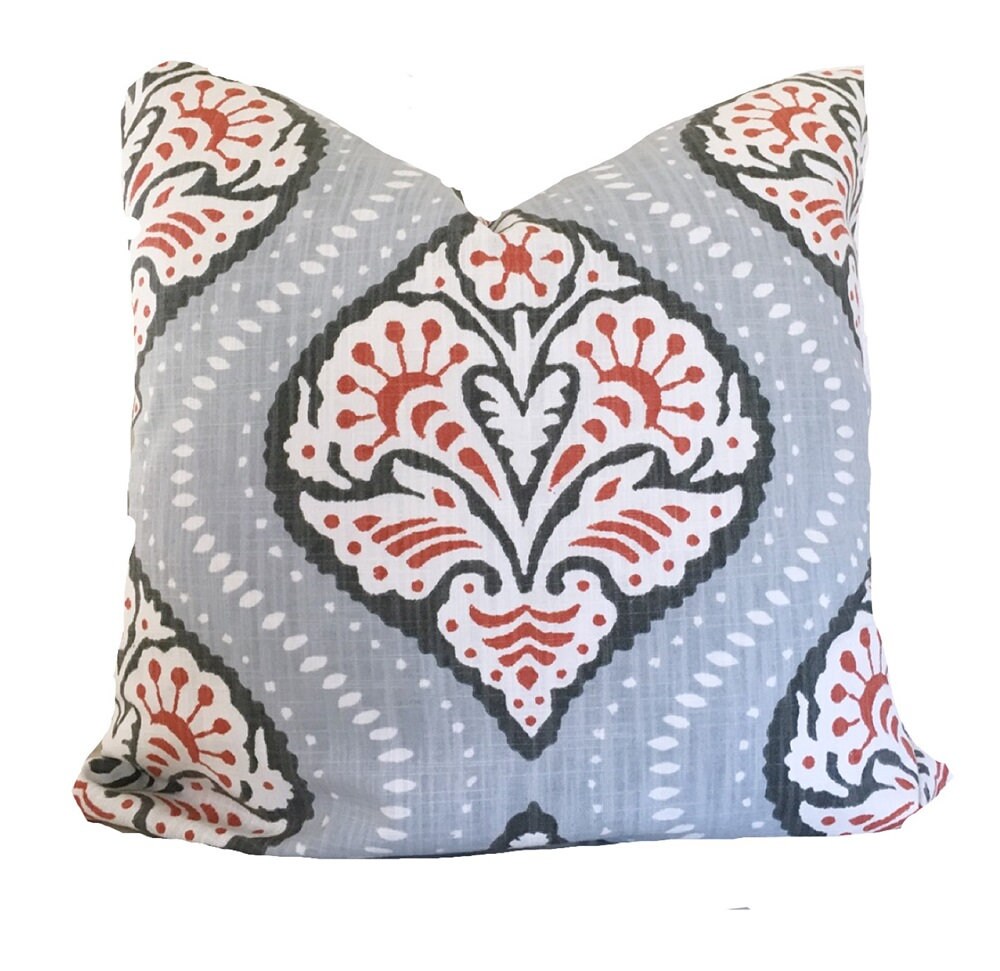 Tomato Red And Gray Robert Allen Kavalli Ogee Pillow Cover Etsy