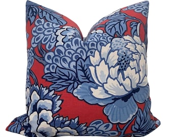 Honshu Red And Blue Pillow Cover, Thibaut Floral Pillow Cover, Asian Print,