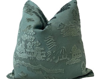 Dark Teal Pagoda Pillow Cover, Teal Chinoiserie Pillow,  Teal Pillows, Asian Pillow Cover