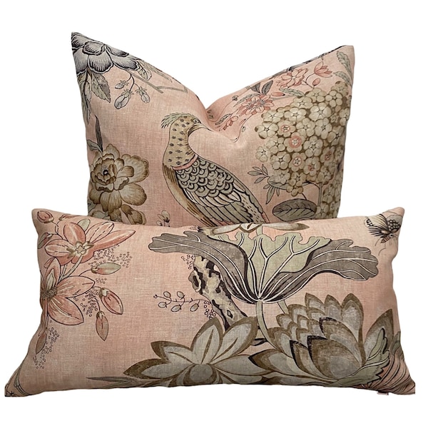 Villeneuve Blush Pillow Cover, Bird Pillow Cover, Floral Lumbar Pillow Cover, Anna French Pillow Cover