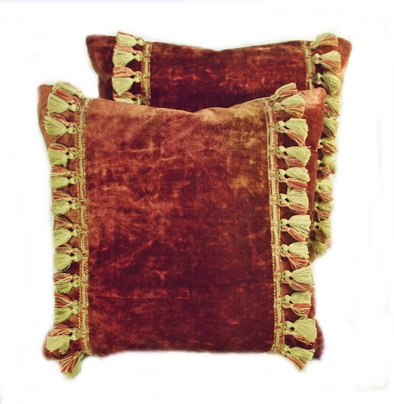 Antique Velvet Pillow In Madder Red Antique and Vintage Pillows and Throws