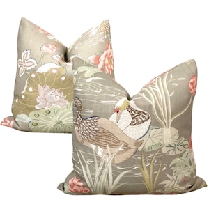 Water Fowl And Lily Pillow Cover,  Two Sided Pillow Cover, Luzon Fawn Pillow Cover, Chinoiserie Pillow Cover
