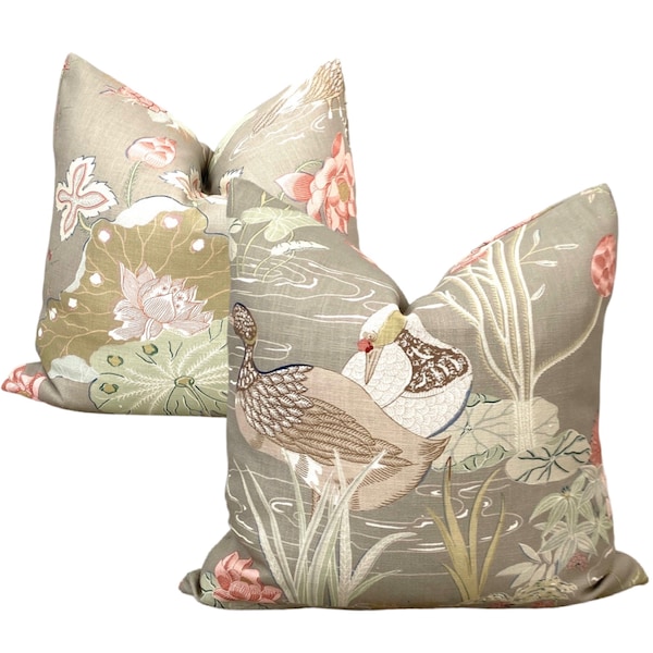 Water Fowl And Lily Pillow Cover,  Two Sided Pillow Cover, Luzon Fawn Pillow Cover, Chinoiserie Pillow Cover