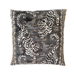 May include: A gray and white decorative pillow with a repeating pattern of black and white tigers on a gray background. The pillow has a gold and white border.