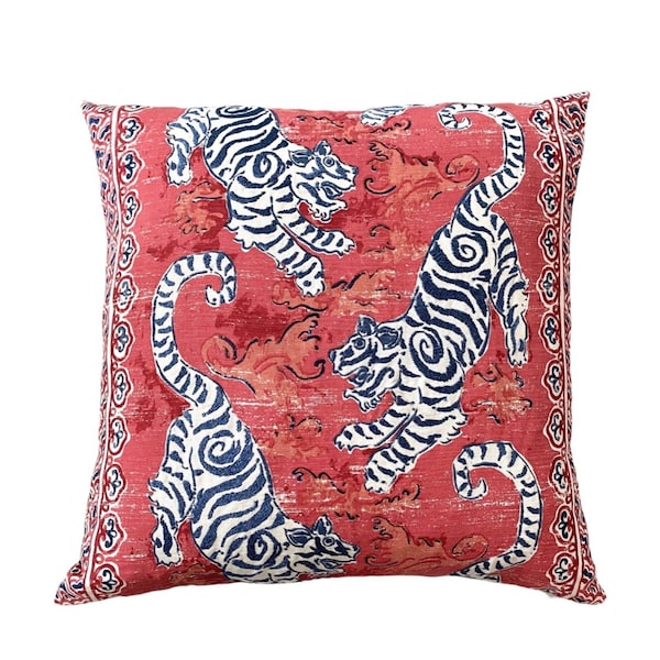 Red Bengal Tiger Pillow Cover, Red Tiger Pillow, Red Blue Pillow Cover, Bengal Tiger