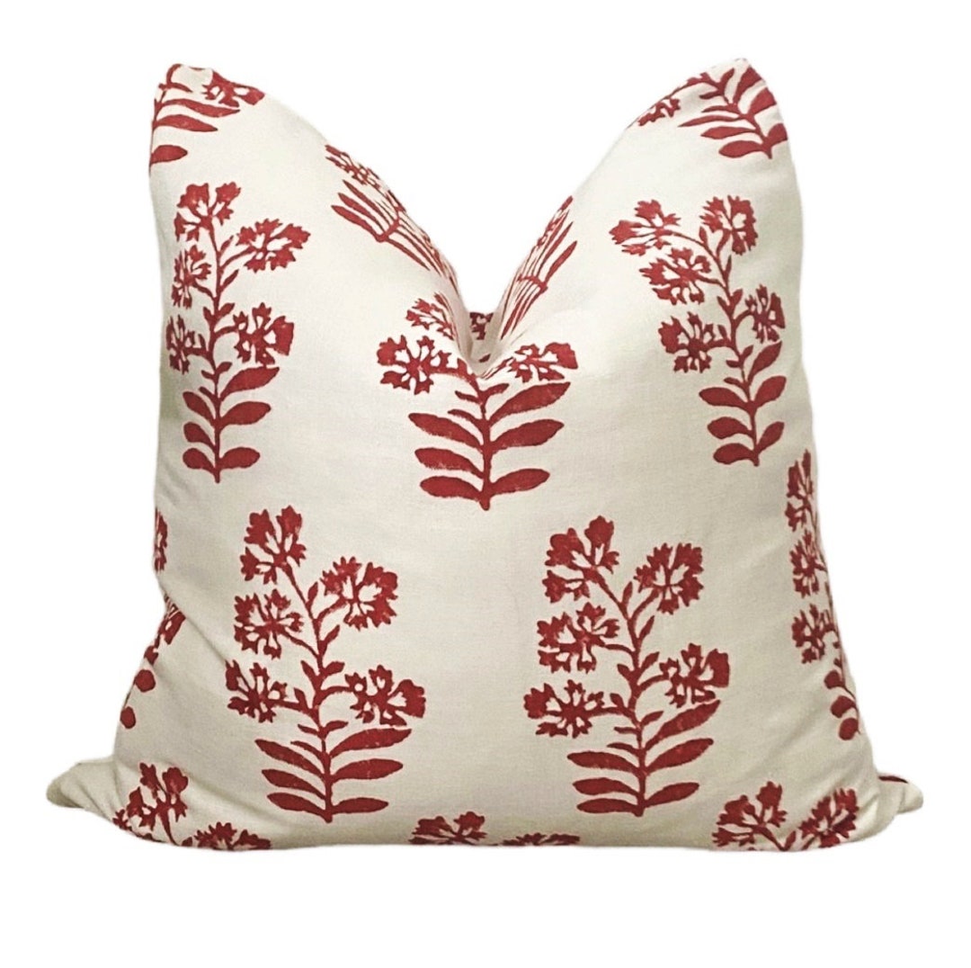 Fleur Block Print Pillow Cover Red Floral Pillow Cover, Red White Linen Pillow Cover Etsy
