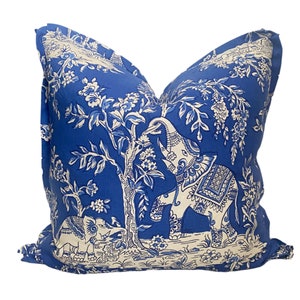Elephant Toile Pillow Cover, Ils Des Elephants, Blue White Toss Pillow