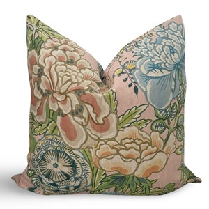 Peony Garden Blush Pillow Cover, Thibaut Floral Pillow Cover, Linen Floral Pillow Cover