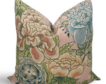 Peony Garden Blush Pillow Cover, Thibaut Floral Pillow Cover, Linen Floral Pillow Cover