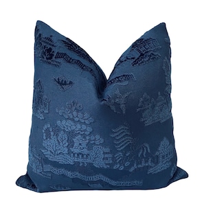Blue Pagoda Pillow Cover, Blue Chinoiserie Pillow, Asian Pillow Cover