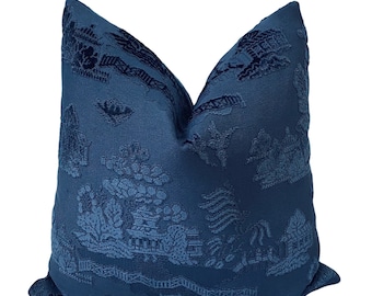 Blue Pagoda Pillow Cover, Blue Chinoiserie Pillow, Asian Pillow Cover