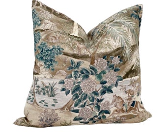 Bharata Toile, Green South Asian Toile, Indian Toile, Teal Print Pillow, Brown Tan Print Pillow, Linen Toile Pillow