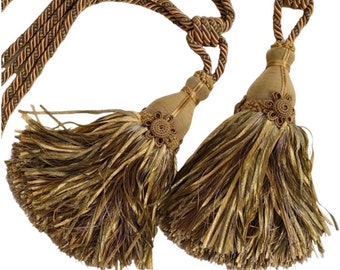 Pair Olive & Gold Spanish Tieback, Designer Tassel Tieback, Drapery Tieback