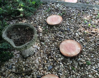 Five 10" - 12" wooden garden stepping stones, rustic log slices, garden projects