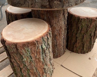 Rustic Log Garden Table and Stool Set, Real Wood Furniture