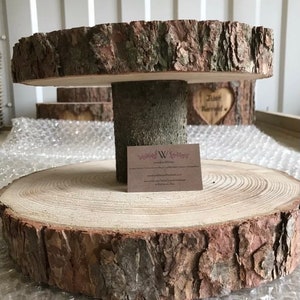 Two tiered rustic wooden log wedding cake cup stand, centrepiece with 15" base