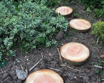 Four 10" - 12" wooden garden stepping stones, rustic log slices, garden projects