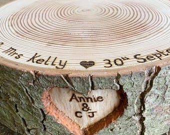 Carved heart Rustic wooden log cake stand personalised writing optional, various sizes available, display purpose cake / cheese board stand