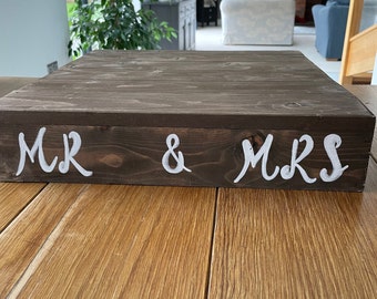 Square wooden personalised celebration, wedding cake stand, painted personalised text by hand.  Any dimension and size can made to order.