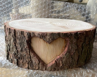 Rustic Wood Log Cake Stand with Carved Heart, Personalized Option