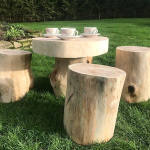 Rustic log garden table and log stools, perfect for a fairy garden, real wood  garden furniture