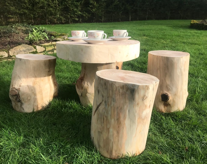 Rustic log garden table and log stools, perfect for a fairy garden, real wood  garden furniture