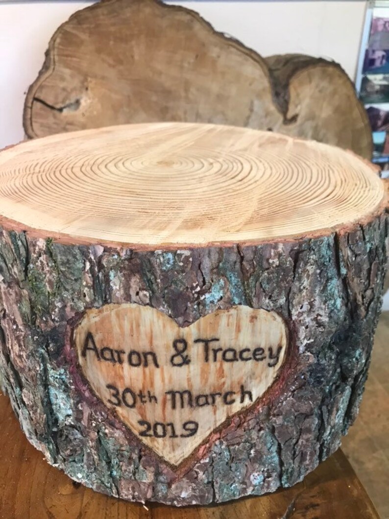 Tall hand carved heart Rustic log wedding cake stand Optional personalised text
