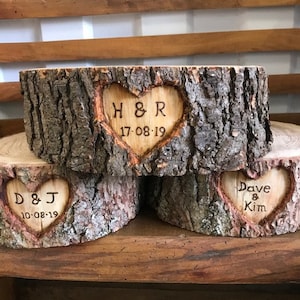 Carved heart Rustic wooden log cake stand personalised writing optional, various sizes available cake stand, cheese board stand