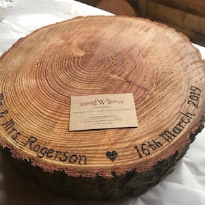 Bespoke Personalised rustic log  wooden wedding cake stand, ideal for weddings and celebrations available in various sizes and options