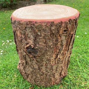 Rustic wooden log stool with bark, garden seating, fire pit stool for outside seating