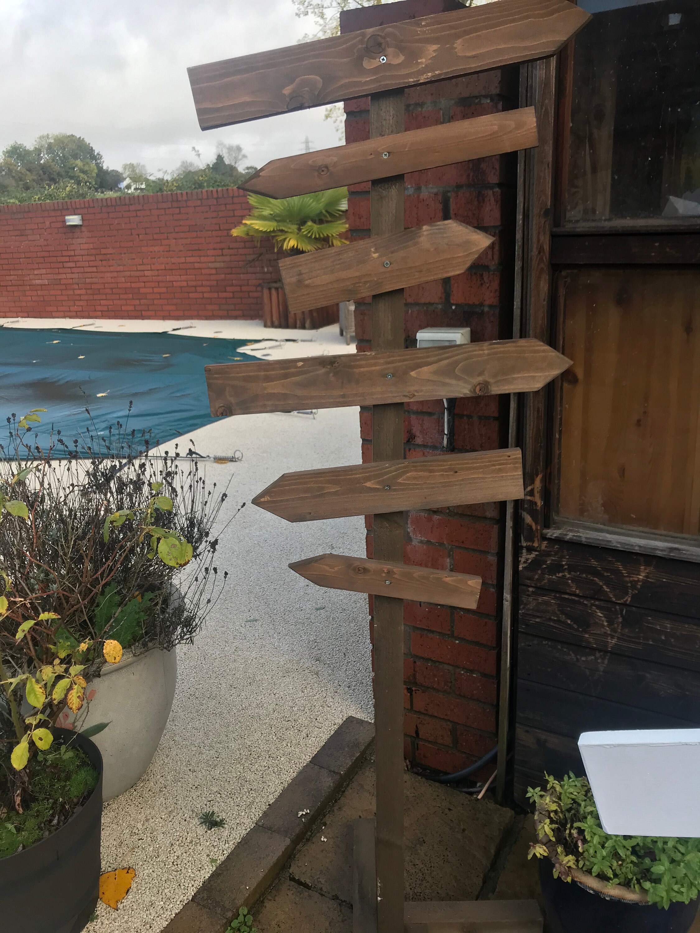 Wooden Finger Post Sign, 6-way Directional With Stand Option. Nut Brown ...