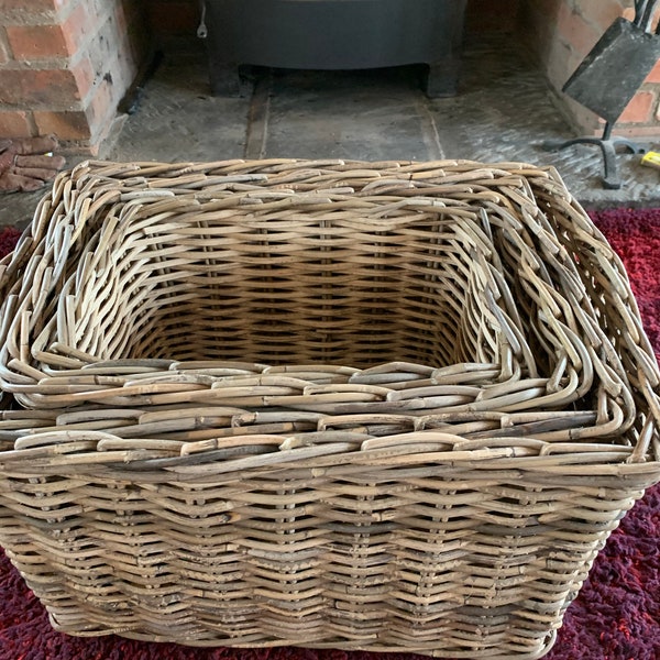 Wicker storage rectangular log basket, grey & buff