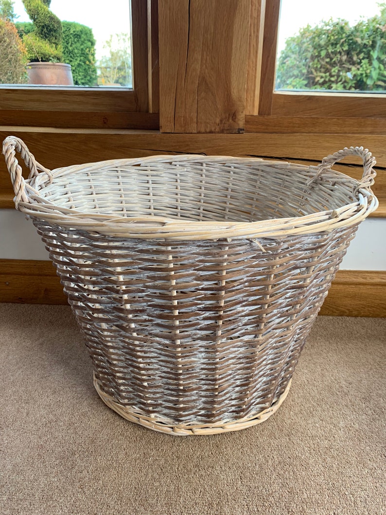 Round Wicker storage basket with handles white wash 50cm Etsy