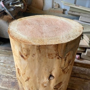 May include: A natural wood stump with a light brown colour and a reddish-brown centre. The wood has a rough texture and shows the growth rings of the tree. The stump is a natural, rustic piece of wood that would be perfect for a variety of home decor projects.