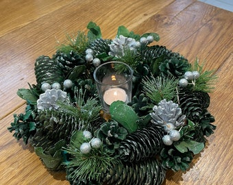 Green and Silver Christmas wreath garland table centrepiece decoration, door wreath with fir cones and baubles