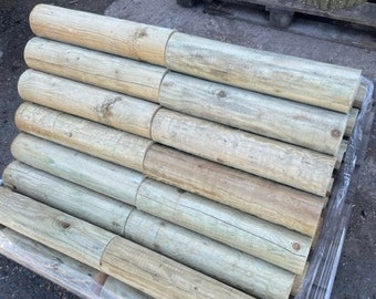 Round garden edging sleepers, strong and sturdy path / lawn edging 100mm diameter pointed or flat 10 stakes covers 1 meter run stood on end