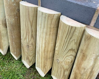 40 Wooden garden edging half round pointed stakes  16" long x 4" wide covers a 4 meter run set side by side, pressure treated lawn edging