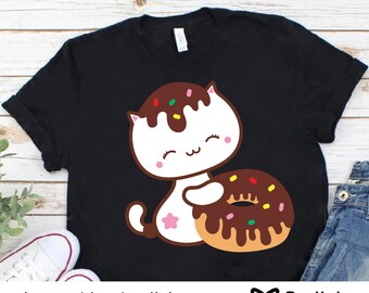 Chat chaton chemise drôle tee-shirt unisexe, bébé chat avec beignet, j'aime les chats, cadeau d'anniversaire drôle, chemise d'amoureux des animaux, tee-shirt mignon d'amant de chat, fille
