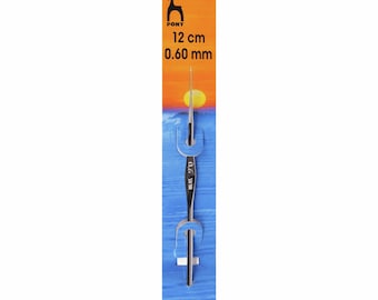 Puede incluir: Un gancho de crochet Pony de plata de 0,60 mm, de 12 cm de largo, empaquetado en una tarjeta azul y naranja con el logotipo de Pony y el texto "# 58670".