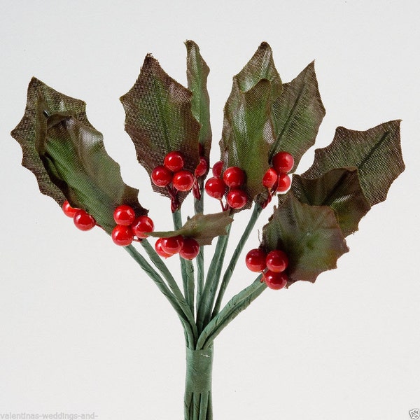 Christmas Miniature Holly Leaves & Berries 12 Stems Favour Cake Decoration Craft Xmas