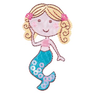 May include: Iron-on patch featuring an embroidered mermaid with blonde hair, pink cheeks, and a turquoise tail with iridescent sequins.