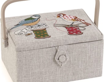 HobbyGift Medium Sewing Box - Birds on Bobbin Embroidered Design - Hobby Crafts Storage Basket