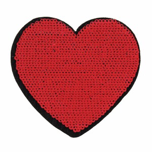 May include: A red heart-shaped patch covered in sequins. The patch has a black felt border.