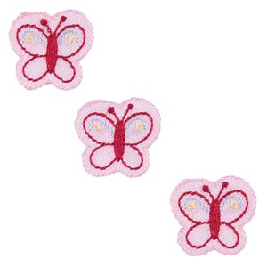 May include: Three pink fabric butterfly appliques with red embroidered details. The butterflies have a light blue centre with yellow accents.