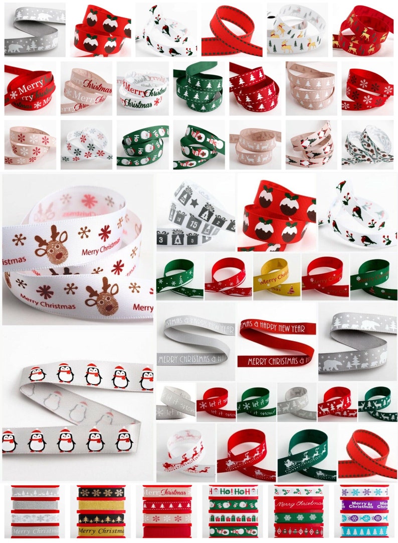 K&ouml;nnte beinhalten: Sortiment an Weihnachtsb&auml;ndern mit verschiedenen Designs, darunter Pinguine, Rentiere, Schneeflocken und Weihnachtsb&auml;ume. Das Band ist in verschiedenen Farben erh&auml;ltlich, darunter Rot, Gr&uuml;n, Wei&szlig; und Gold.