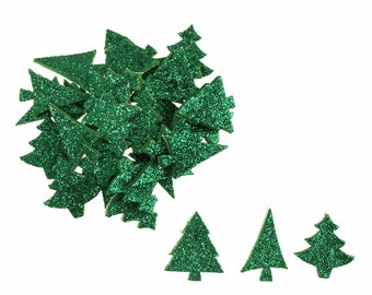 60 x Green Glitter Xmas Trees - Self Adhesive Christmas Craft Embellishments