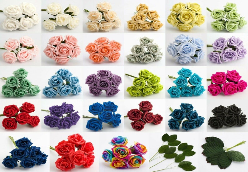 Bunch of 6 Artificial Wedding Bouquet Colourfast Flowers Leaves 5cm Foam Roses